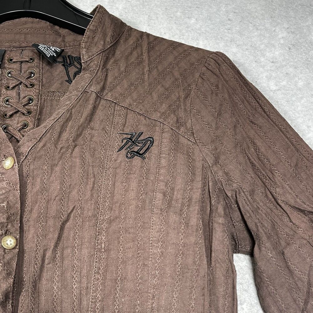 Harley Davidson Shirt Women Small Dark Brown Lace Up Back Button Up Embroidered - Picture 3 of 11